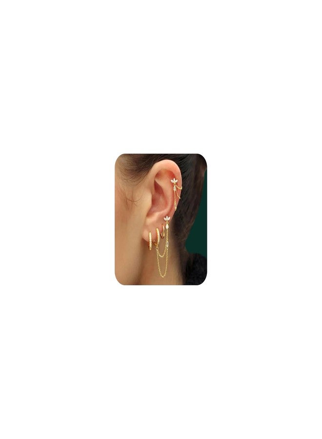 مجموعة أقراط مكونة من 6 قطع، سلسلة غضروفية، ثقب حلزوني للنساء، ظهر مسطح، أقراط متدلية متعددة الثقوب، أقراط حلقية قابلة للتكديس (أبيض، ذهبي - ظهر مسطح) - Image 1